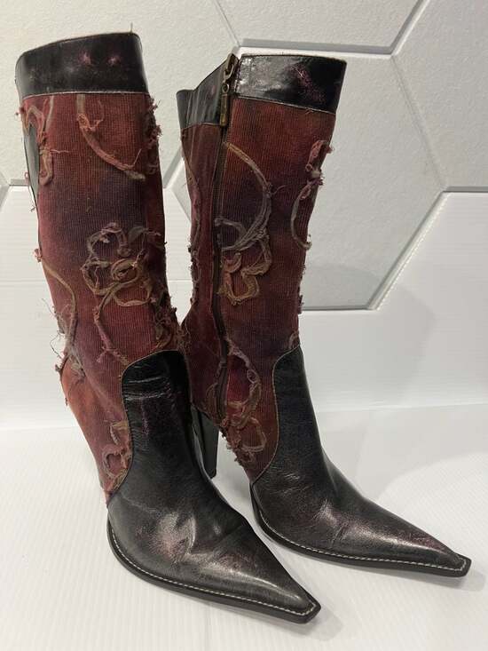 Unknown Shoes - Vintage  Italian Artisan Distressed Corduroy and Leather Pointed Toe Boots